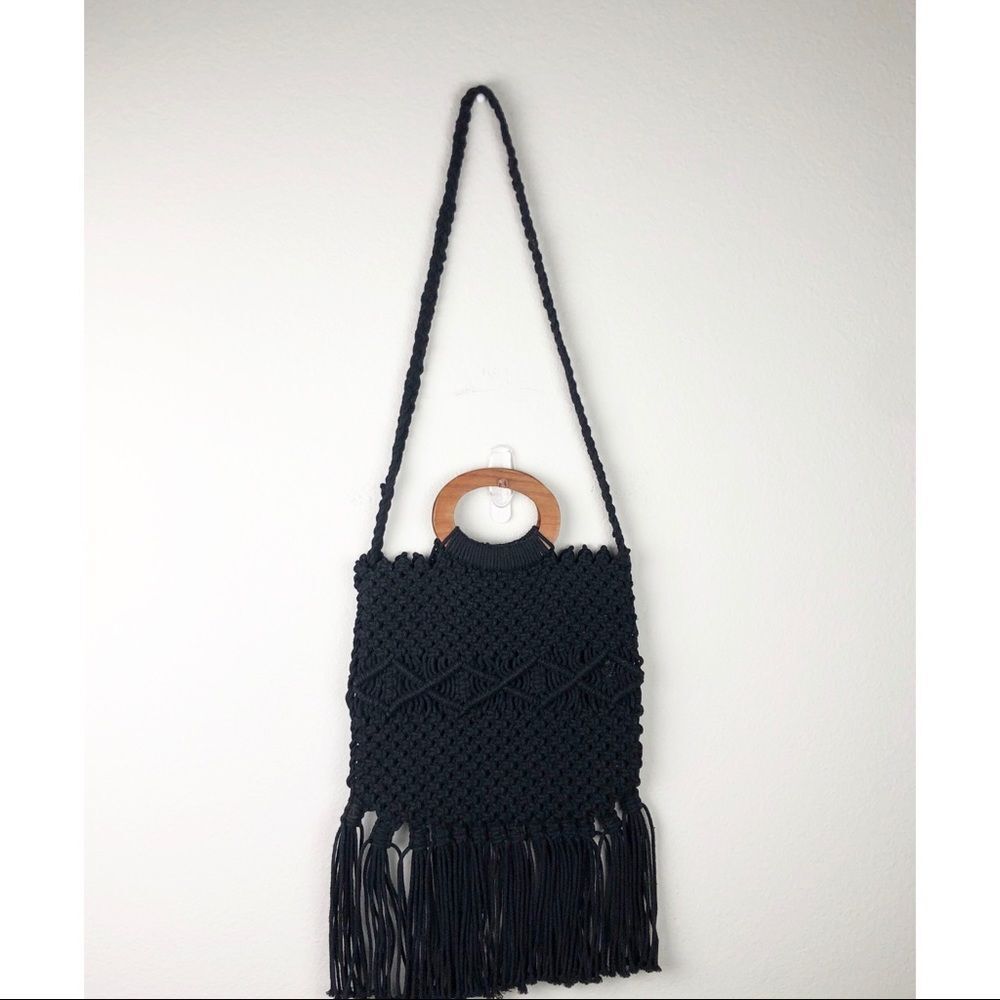 Crochet Fringe Black Bag Wood Top Handle Crossbody Strap Boho Hippie Festival